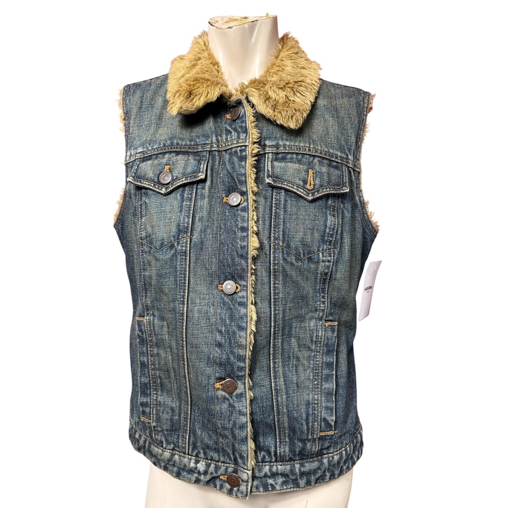 Y2K Gap Vintage 90s Denim Faux Fur Lined Vest Blue Medium